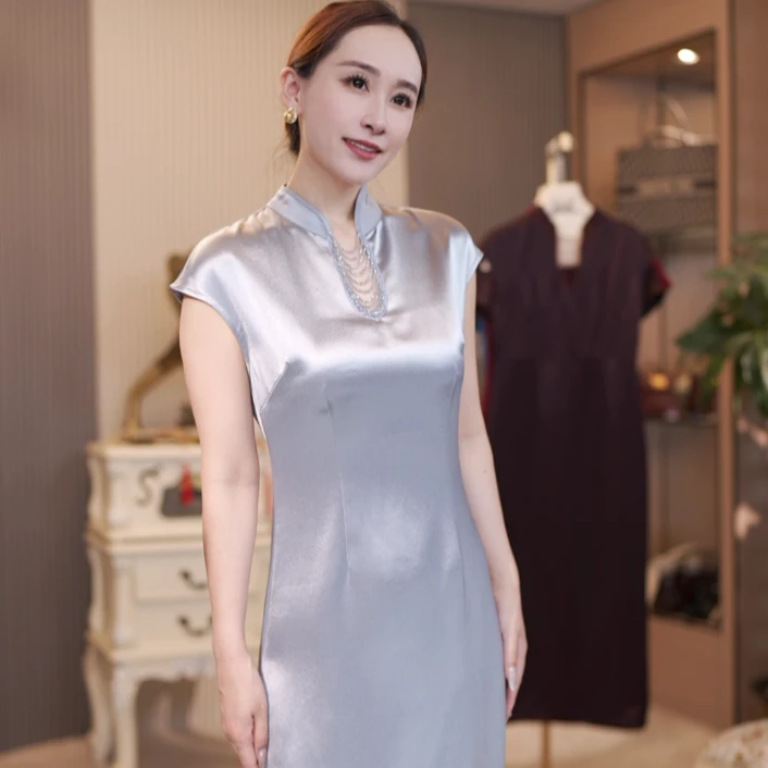 【晓时尚fashion】湖蓝重工钉珠三醋酸葡萄紫旗袍连衣裙