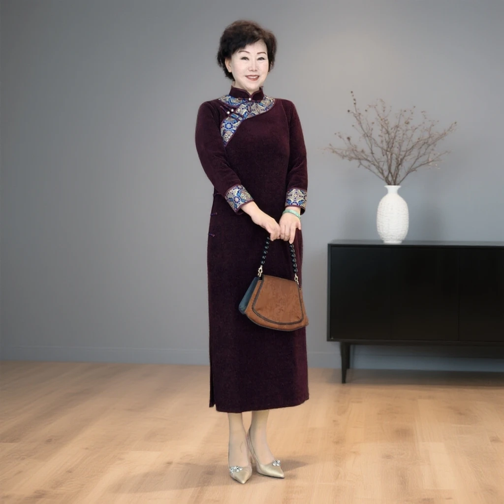 【紫云锦】秋冬大码旗袍婚庆显瘦气质网红紫色复古中长款加绒加厚