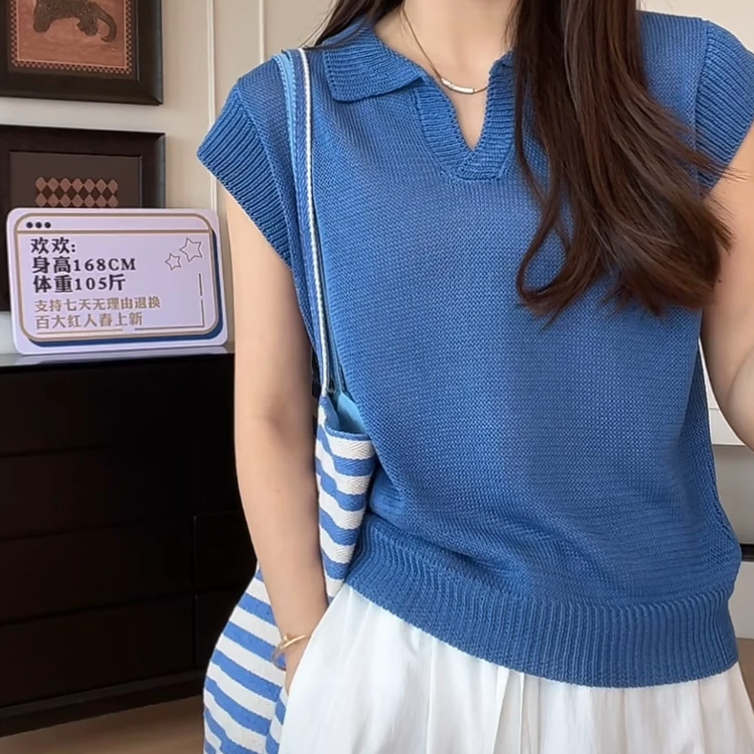 2025春夏新款时尚简约Polo领针织短袖百搭纯色气质上衣韩版H8-24