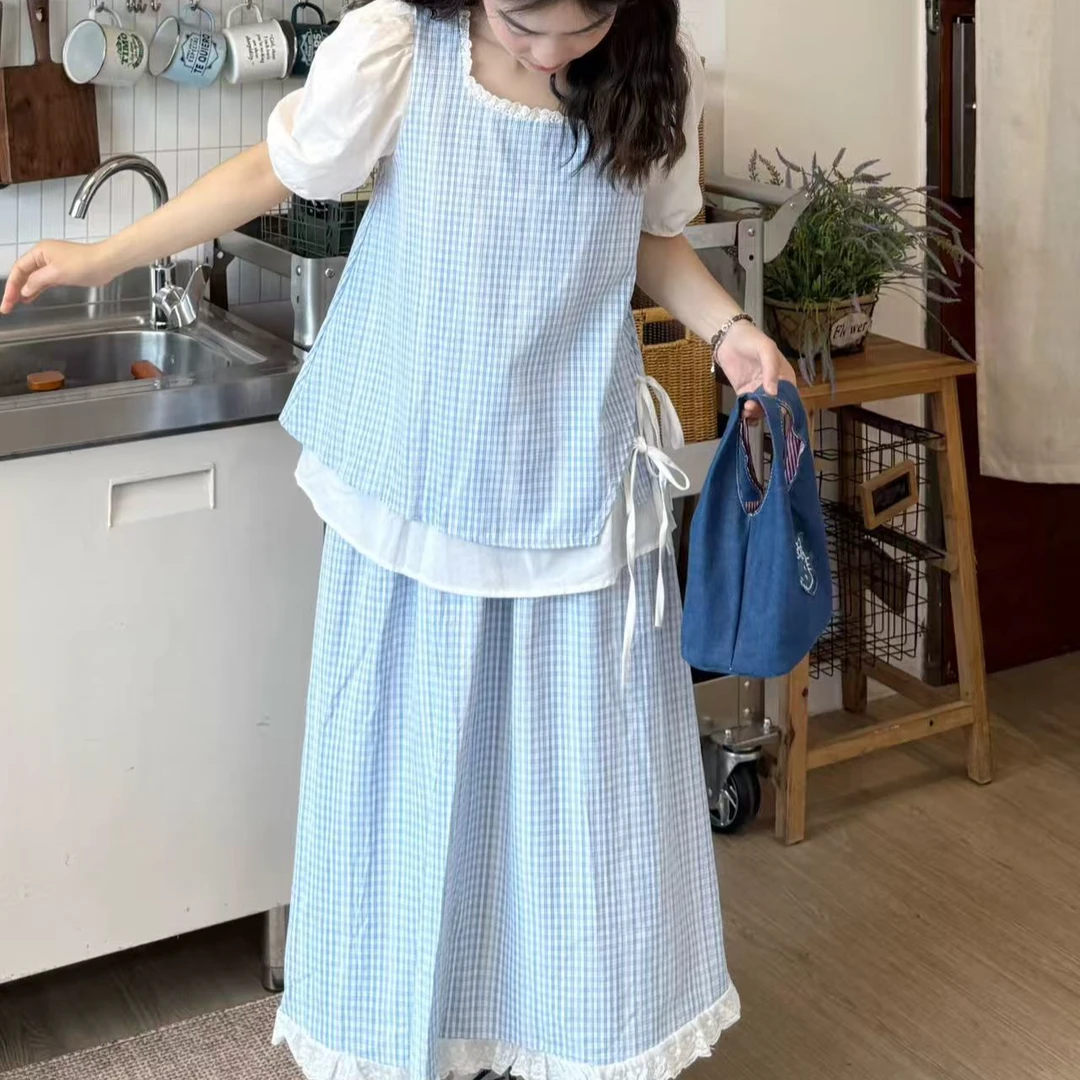 婷婷家夏季新款韩版学院风假两件格子短袖衬衫套装