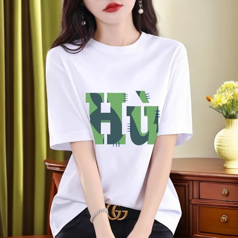 宽松字母印花女士纯棉白色t恤短袖女夏季新款洋气遮肉显瘦上衣服
