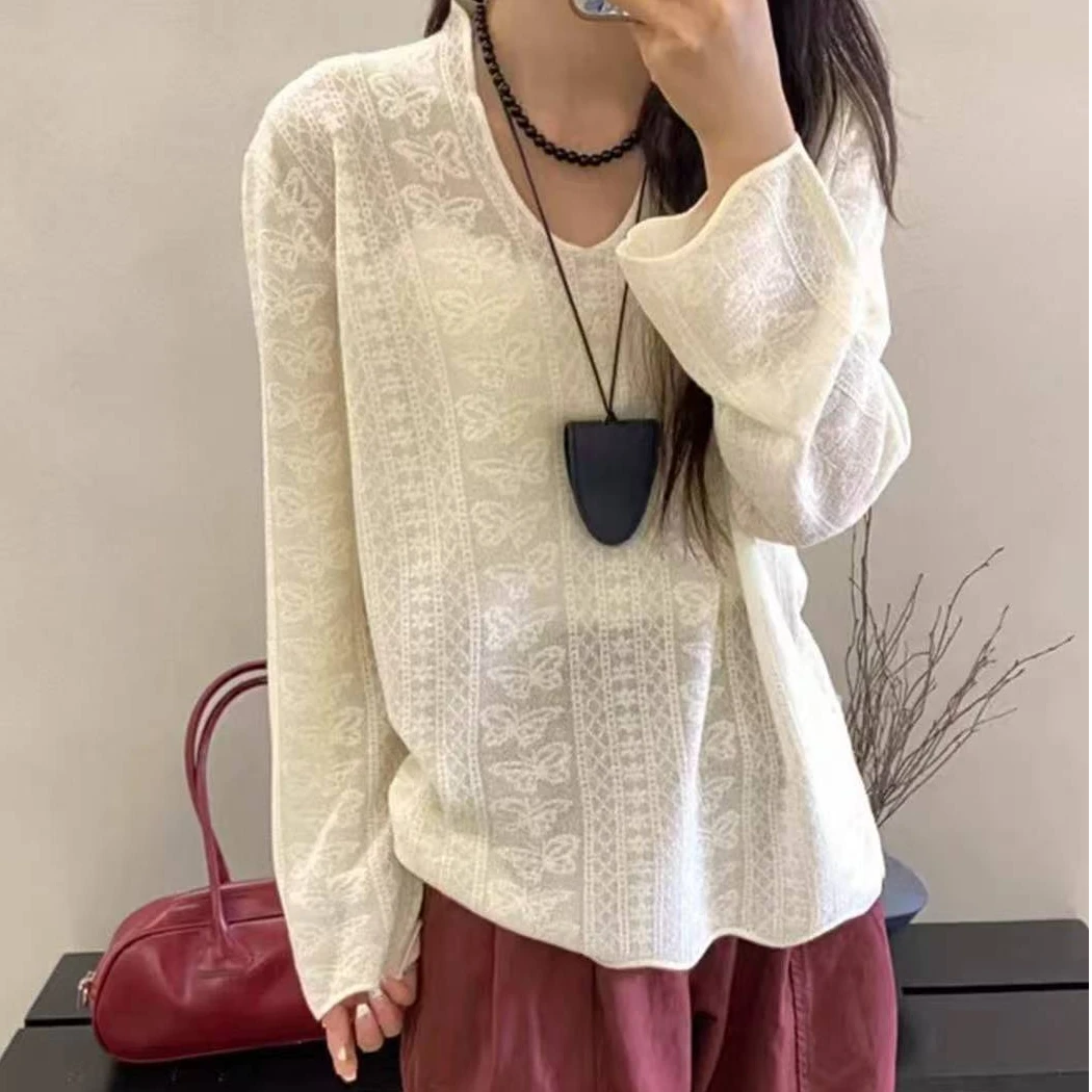 蕾丝软打底羊毛混纺春秋季两穿百搭针织套头打底衫