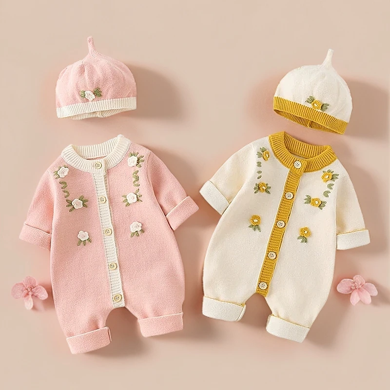 婴儿春秋毛衣宝宝针织衫连体衣女宝宝公主线衣单层花花可爱爬服