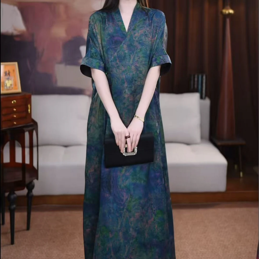 【青黎】香云纱长款重磅时尚国风提花遮肉印花复古长裙宽松连衣裙