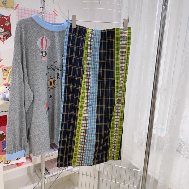 【钱呼呼】2025夏季新款拼色松紧腰夏季凉爽百搭气质裙子