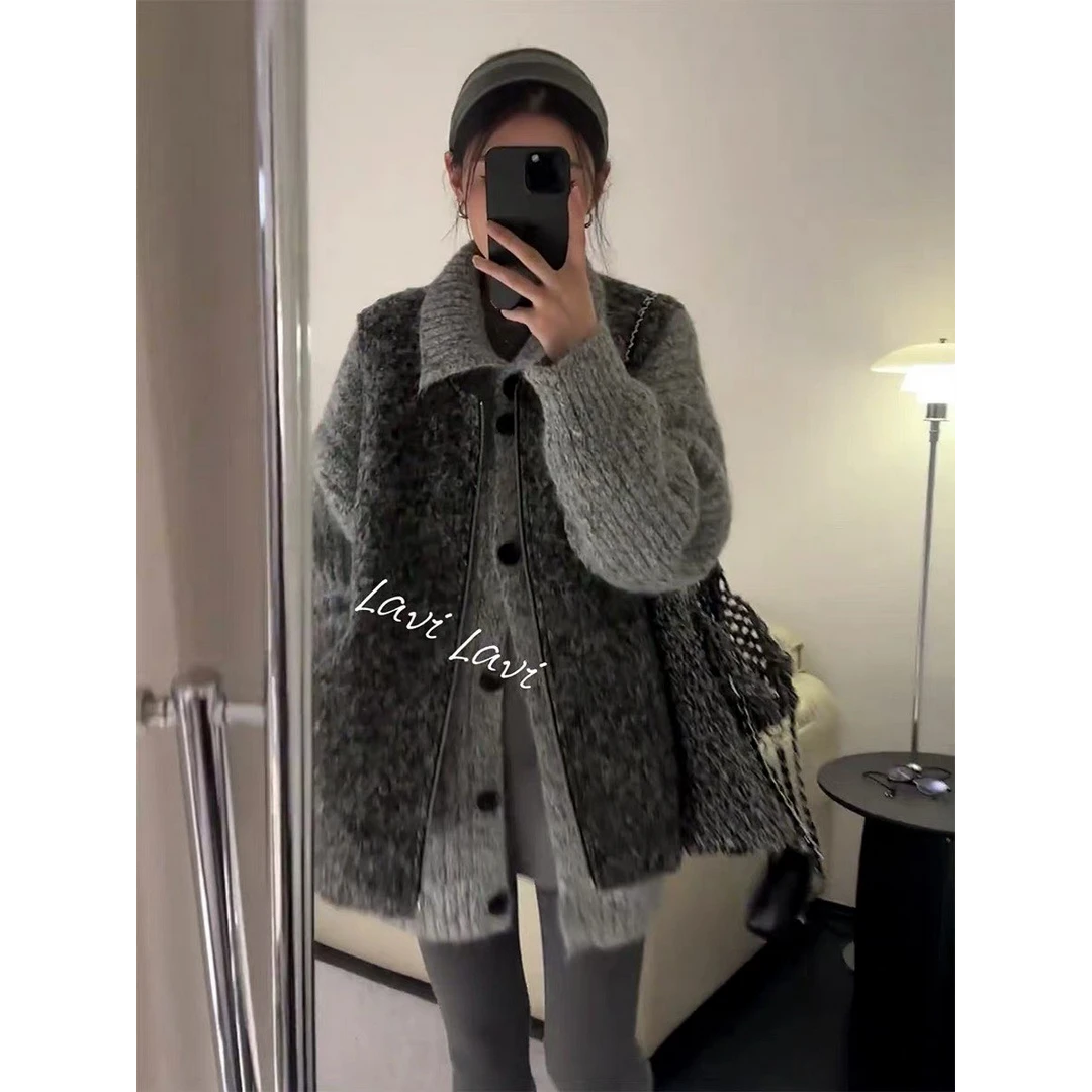 韩系复古高级针织开衫外套叠穿马甲女2025秋冬新款宽松百搭两件套