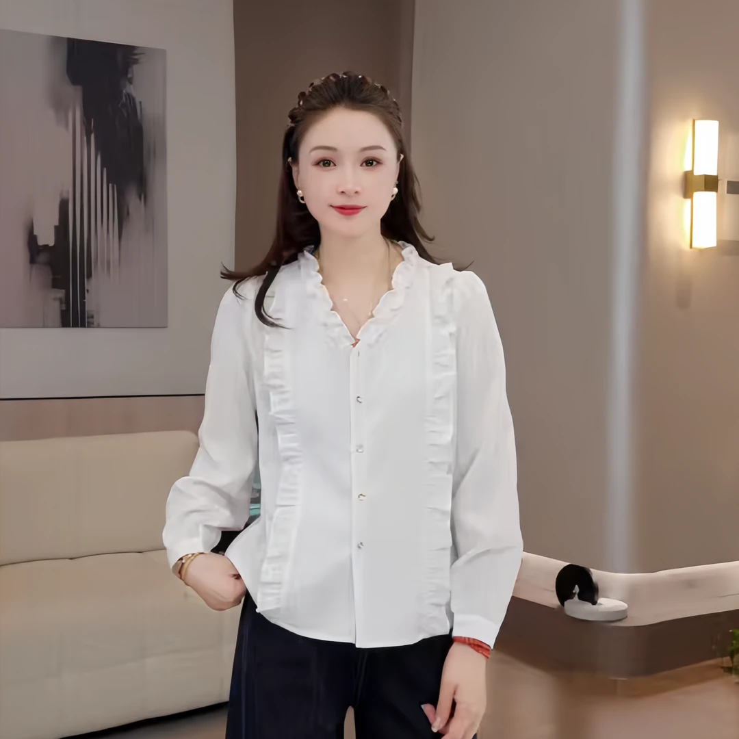 豆豆6【木耳边衬衫】人棉V领法式纯色长袖衬衫秋季衬衣简约-DQ1608