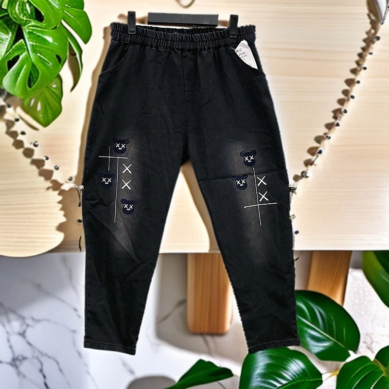 180-200斤 裤长92 高弹力刺绣小熊薄款牛仔裤