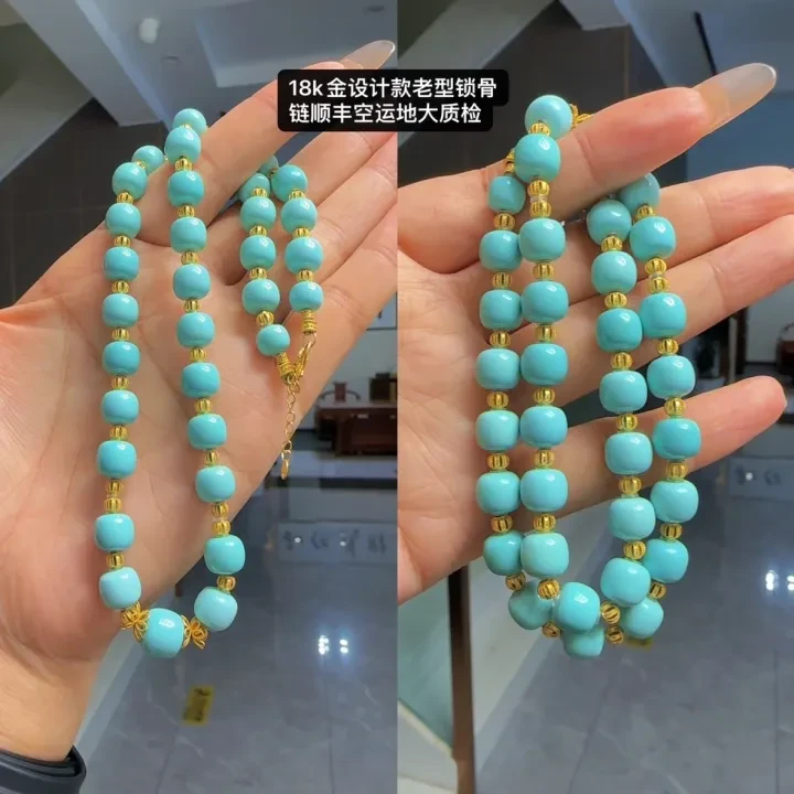 <娇丰绿松石>精品原矿绿松石老型珠配18K金颈链项链毛衣链#662