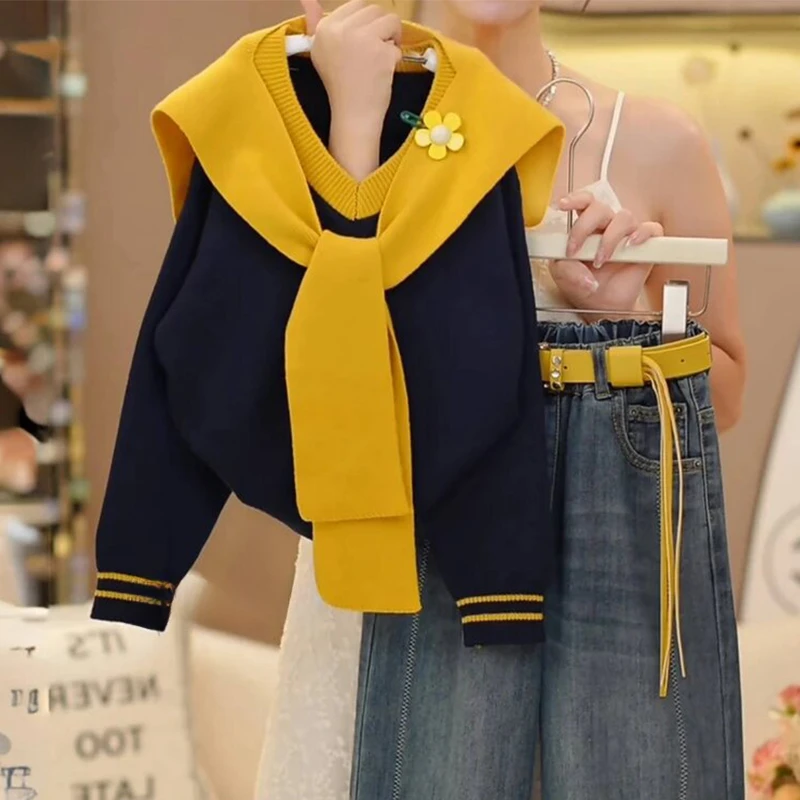 女童披肩针织衫牛仔裤套装2025新款春秋款海军领毛衣打底衫阔腿裤