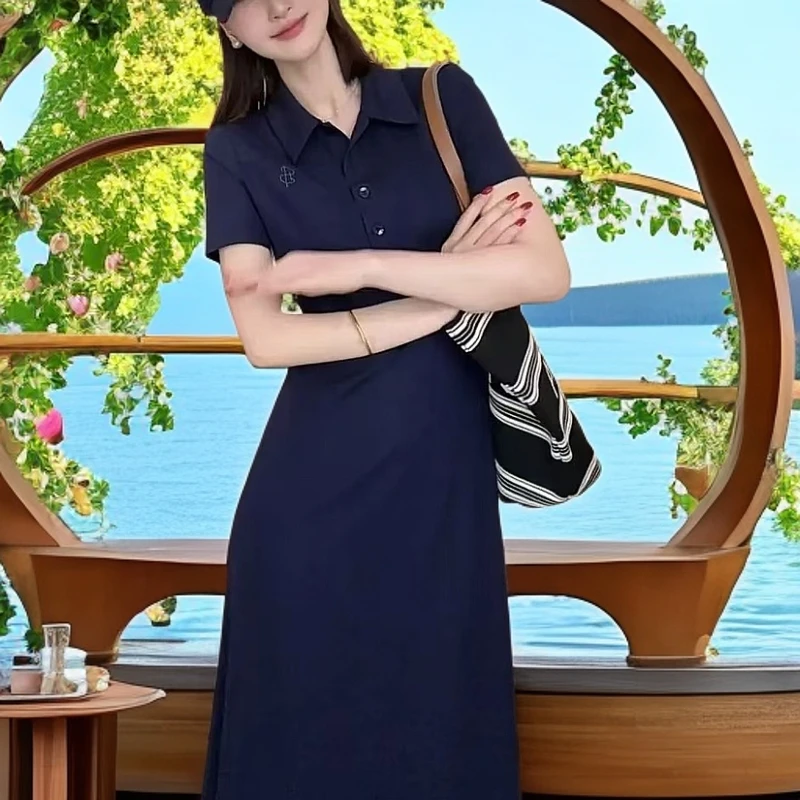 【现货】韩版polo领连衣裙女夏季新款气质休闲收腰显瘦纯色长裙短裙