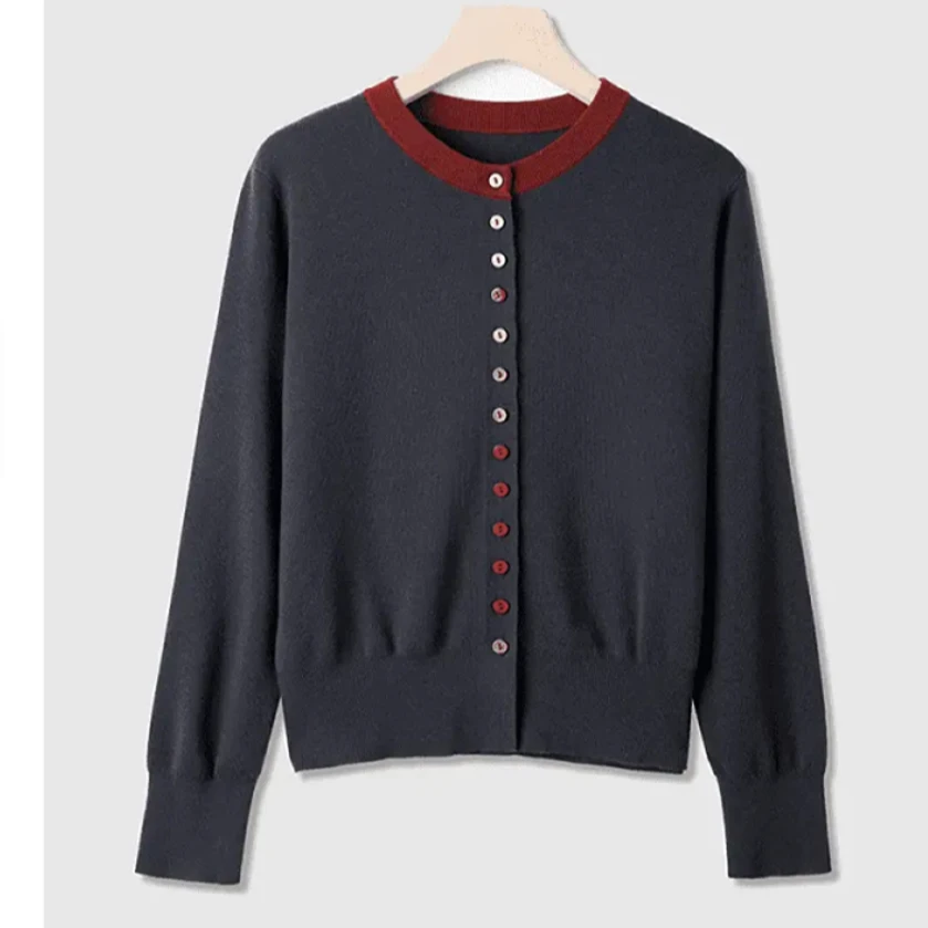 3】圆领长袖春秋季排扣撞色针织开衫女士毛衣