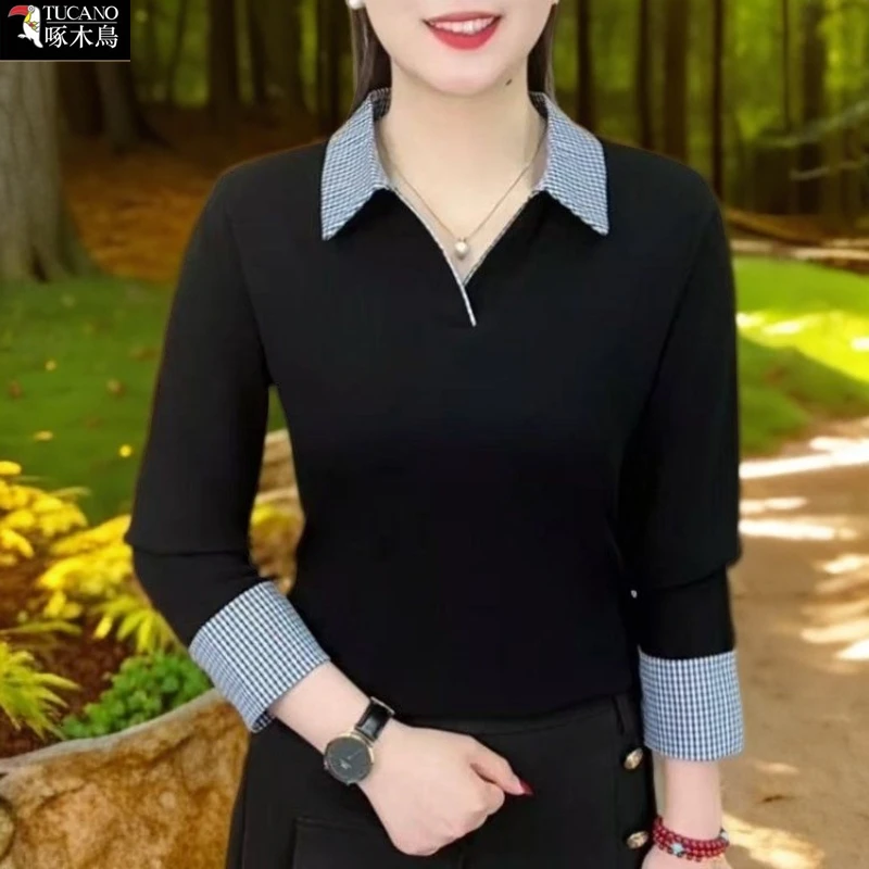 啄木鸟遮肉显瘦女春秋长袖时髦气质上衣新款韩版设计格纹翻领T恤