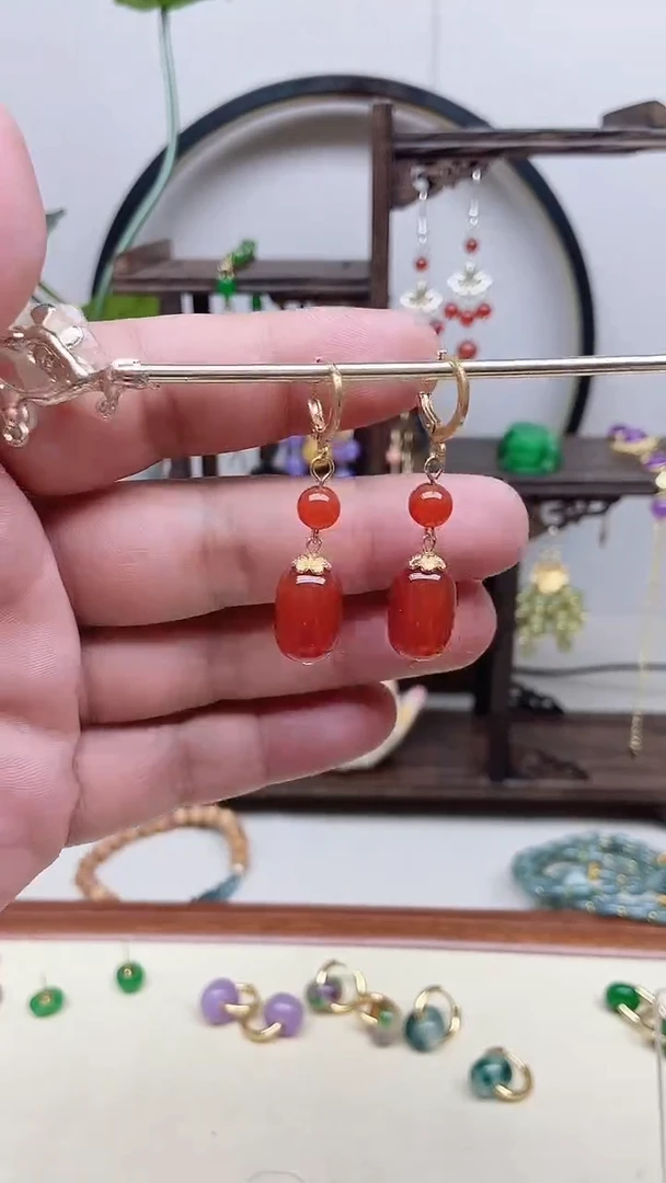 南红玛瑙14K金镶嵌耳饰81号