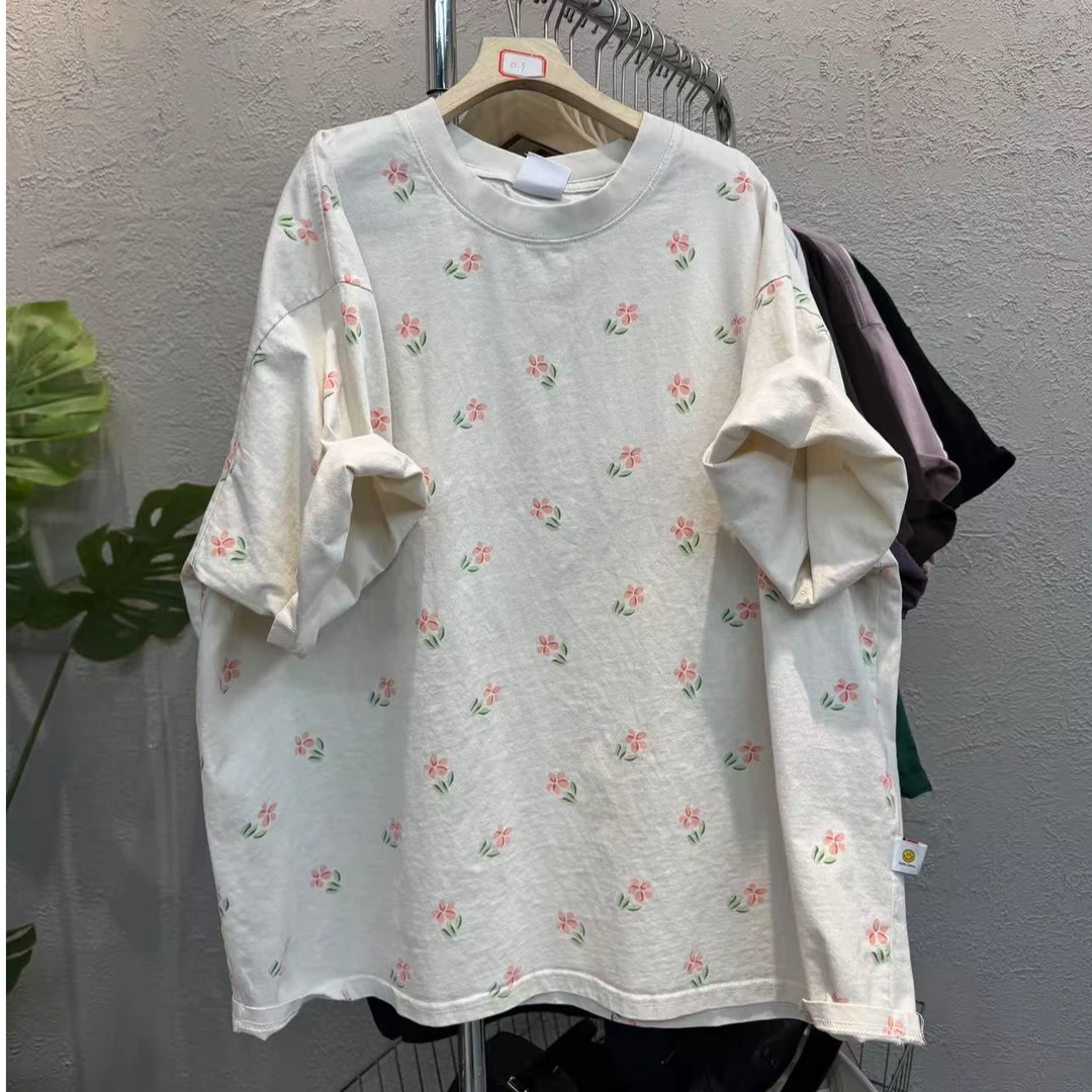 8368夏季欧美炒色小花印花街头宽松显瘦圆领短袖T恤女