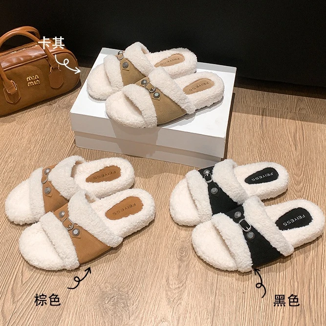 金慧彩2025秋冬新款毛毛拖厚底鞋皮带扣保暖外穿百搭鞋子一蹬鞋女