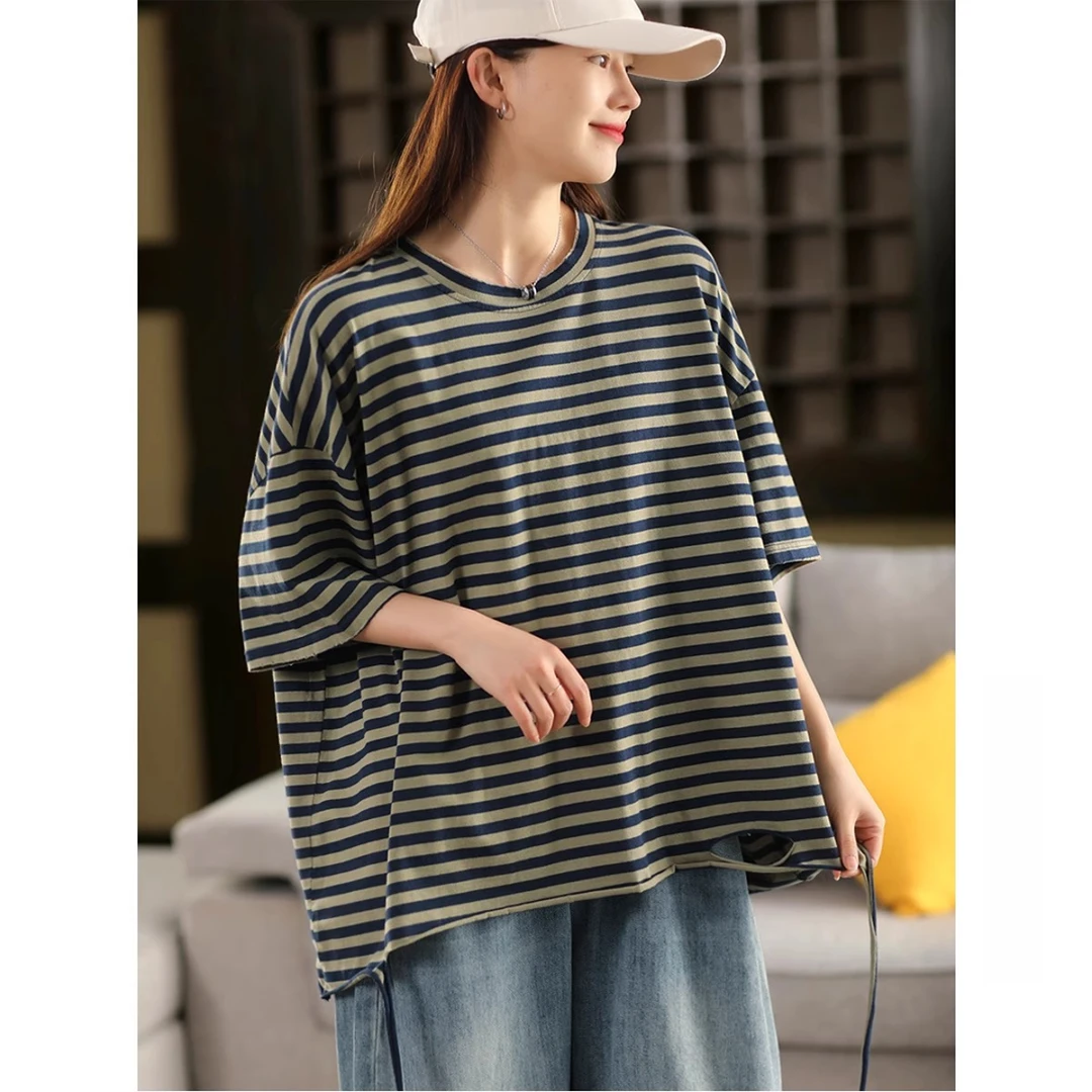 新款复古宽松条纹短袖t恤女破洞摆套头衫显瘦套头T恤上衣夏季休闲