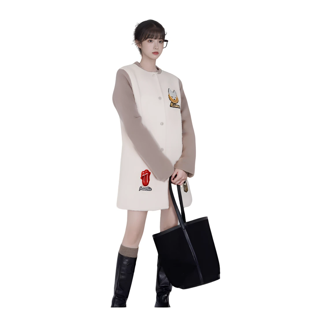 M5VB7128#时尚宽松拼接中长款棒球服百搭减龄加厚毛绒棉衣