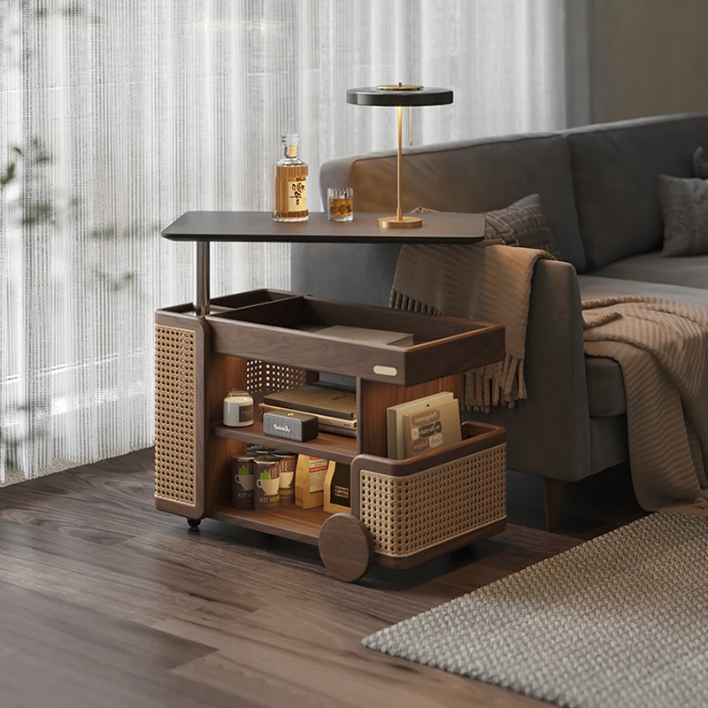 色格  巴士·黑胡桃木实木升降可旋转边几可移动小推车沙发茶几