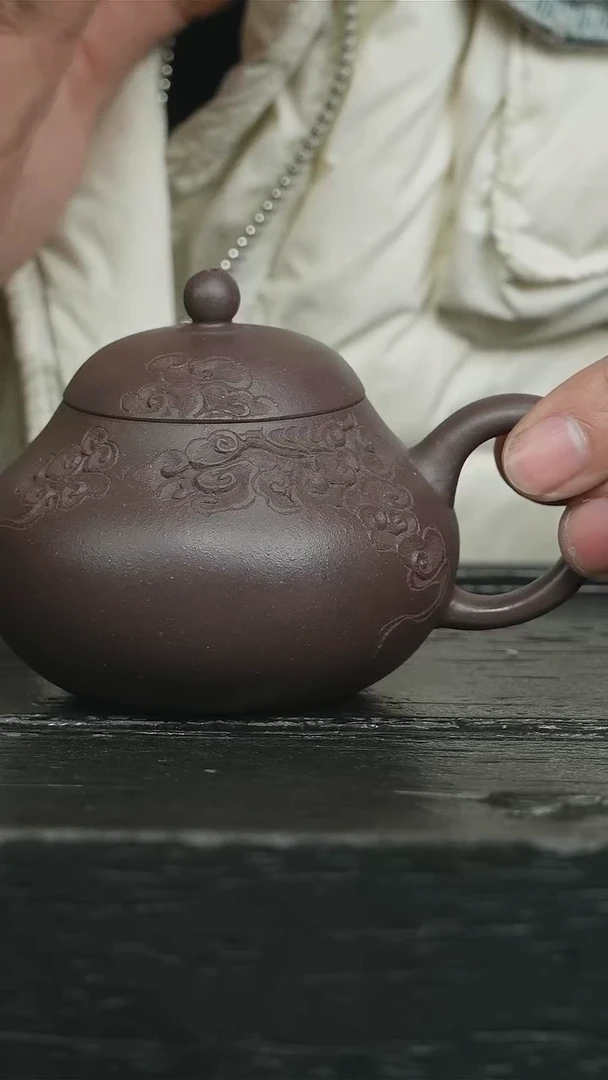 【闪购商品】紫砂茶壶天青刻绘矮梨