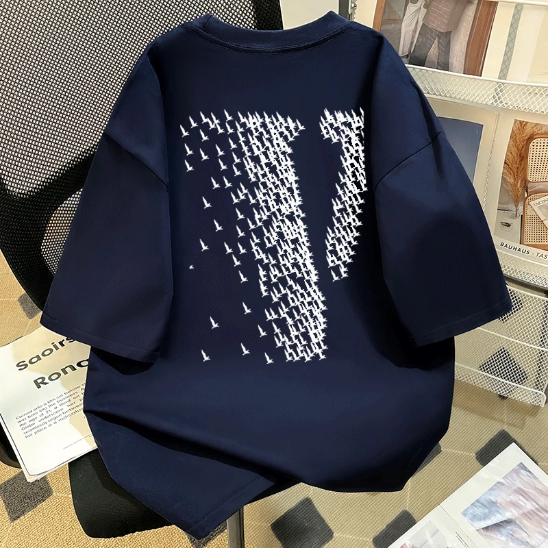 凉感冰丝短袖国潮樱花大V嘻哈印花圆领短袖韩版男女情侣上衣服款