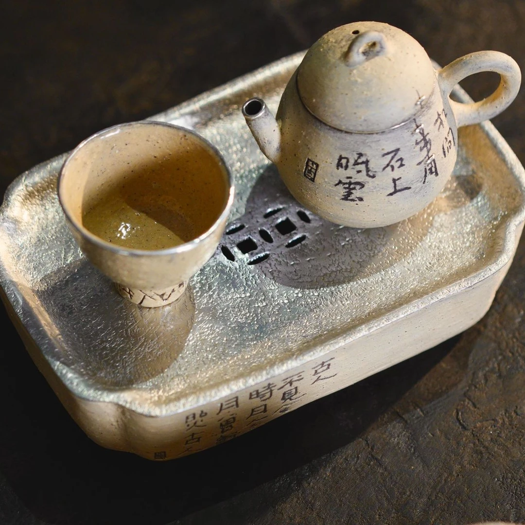 粉引诗文茶具套装 一人饮  锡盖壶承 景德镇手作茶具