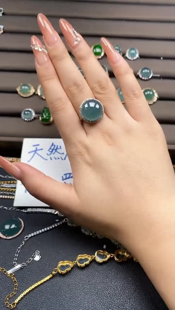 翡翠戒指银S925镶嵌天然翡翠多样性发货