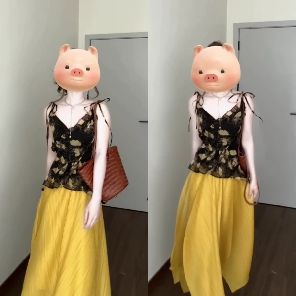 2025夏季新款韩系高级感V领印花荷叶边上衣高腰不规则半身裙套装