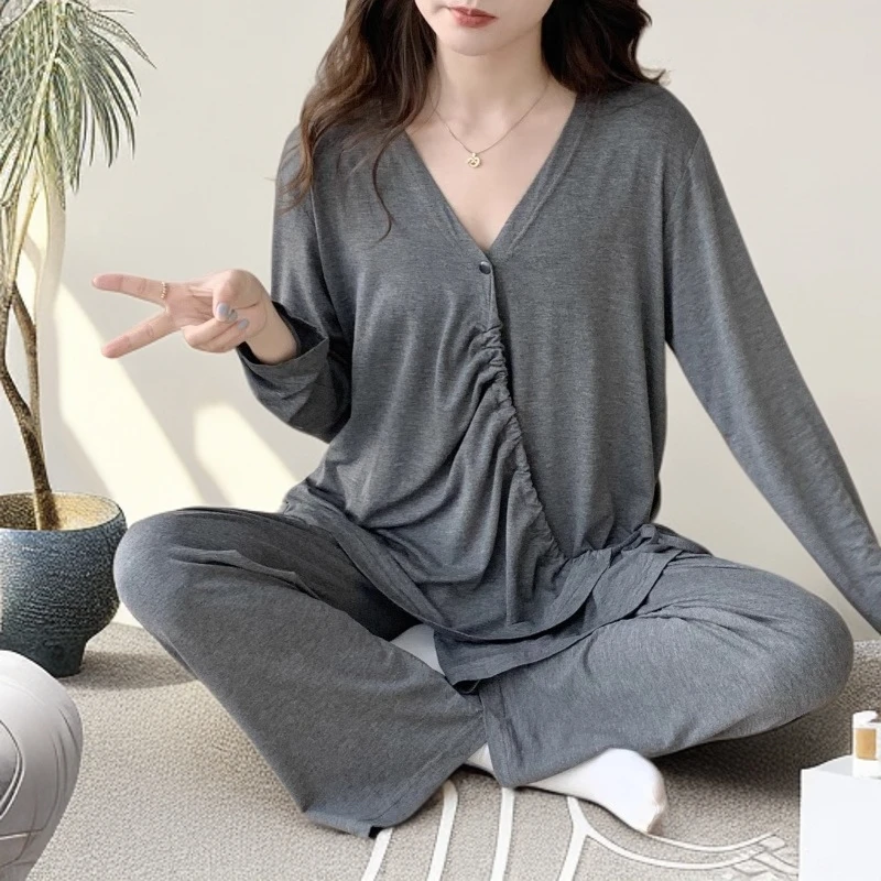 莫代尔月子服夏季薄款产后哺乳大码长袖孕妇睡衣产妇哺乳喂奶待产