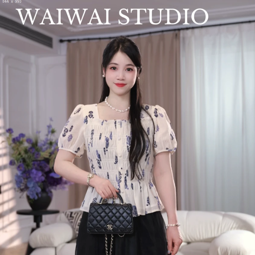 【拾花季】复古衬衫夏季夏装碎花短袖方领气质印花休闲风 X52S722