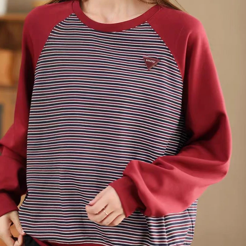 9019款时尚拼色条纹卫衣女撞色长袖圆领上衣