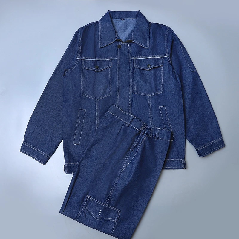 夏季薄款牛仔工作服套装男电网电焊劳保服电工车间多口袋工装上衣