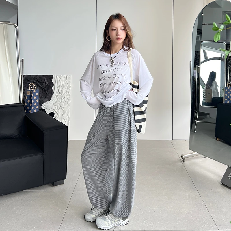 灰色条纹阔腿裤女夏季新款高腰宽松大裤脚休闲裤直筒垂感拖地裤
