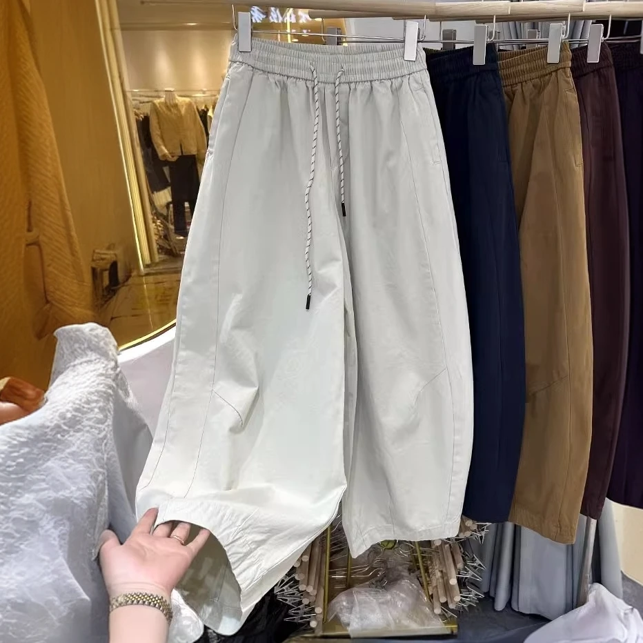 日韩松紧腰抽绳阔腿裤女春秋小个子显瘦直筒裤休闲宽松哈伦九分裤