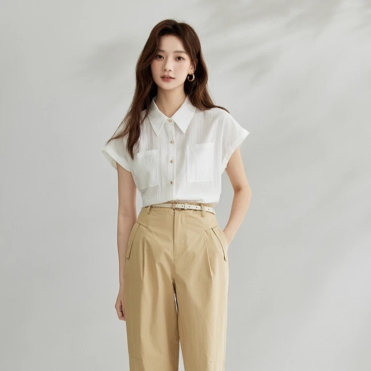 2025夏季新款高级设计感百搭短袖衬衫女气质通勤时尚小飞袖衬衣