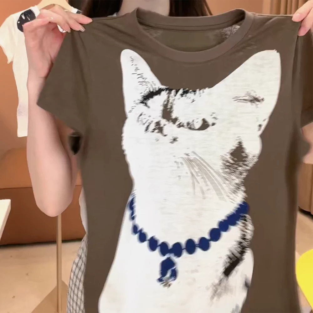 2025春夏新款百搭简约显瘦猫咪印花短袖T恤时尚夏季上衣女C5526