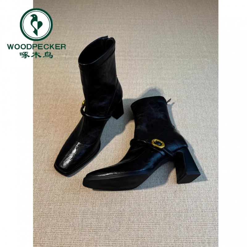 啄木鸟~方头高跟瘦瘦靴女法式粗跟复古后拉链软皮短靴弹力时装靴