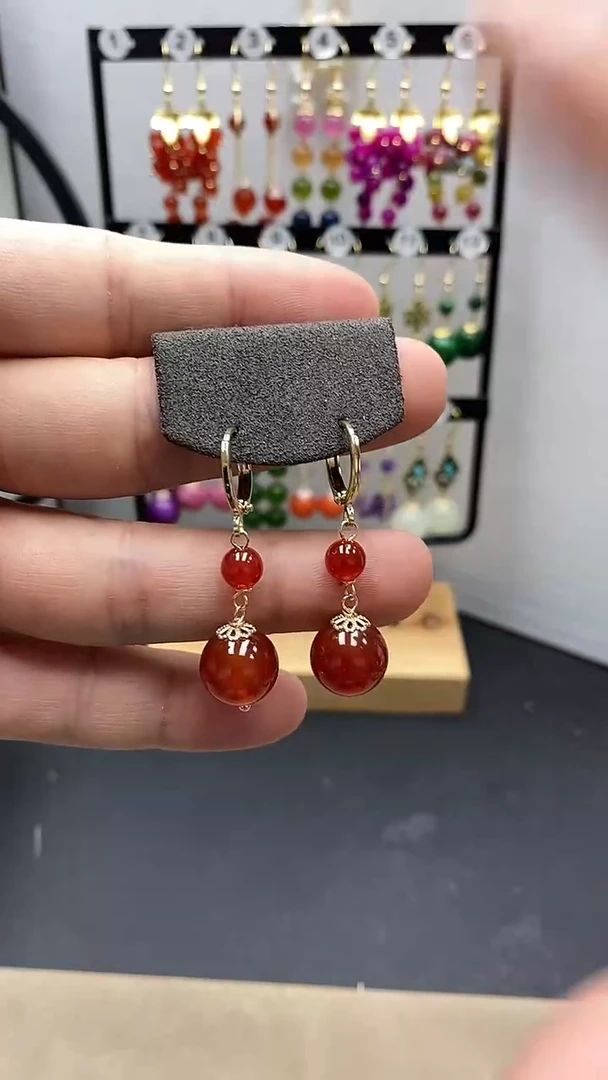 【闪购商品】南红玛瑙耳饰银S925镀金镶嵌尺寸12mmZ2