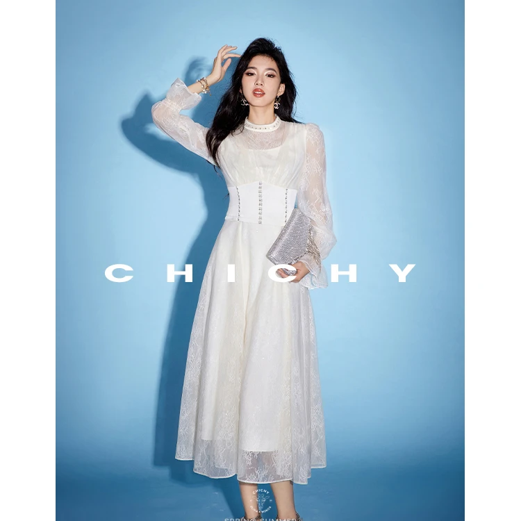 【彭彭echo专属】CHICHY仙气千金长袖蕾丝拼接长裙CC8F022243