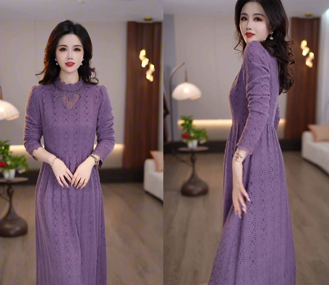 2025冬款紫色精致镂空优雅气质打底复古宽松中长款连衣裙M-4XL