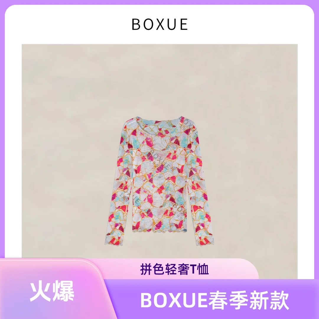 BOXUE 雾光 2025春季新款高级感拼色知性风温柔女装T恤