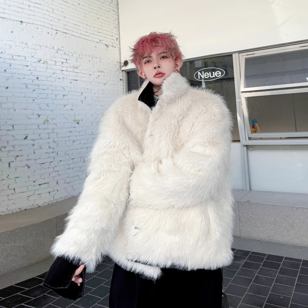 冬季韩国高级感牛仔拼接撞色加厚棉衣男女两面穿棉服立领毛毛外套