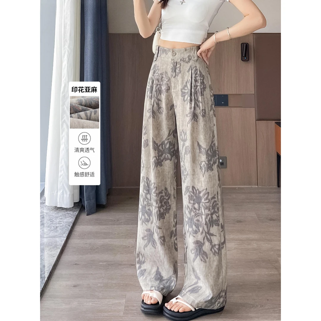 印花亚麻冰丝阔腿裤女夏季薄款宽松国风棉麻直筒休闲裤子高腰显瘦