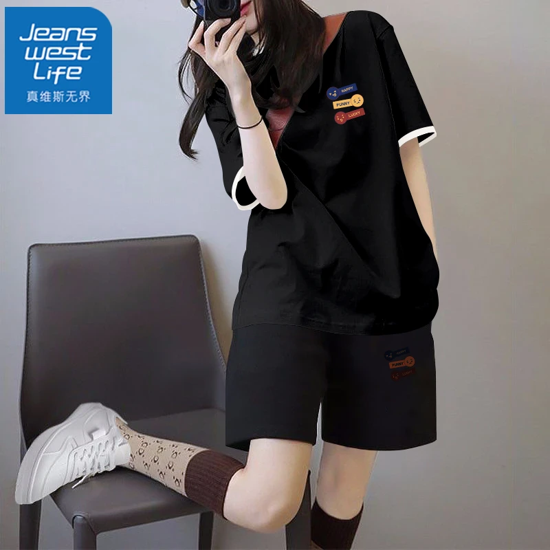 真维斯无界夏季撞色显瘦套装女款2025新款爆款纯棉透气柔软短袖五