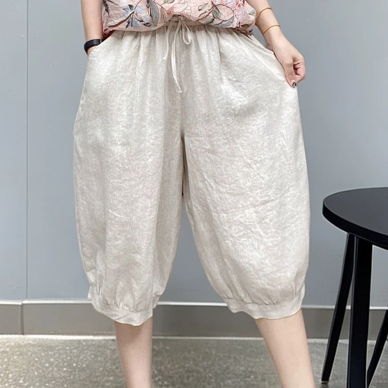 夏天冰丝仿亚麻高档松紧腰灯笼裤子五分短裤女新款宽松薄款妈妈装