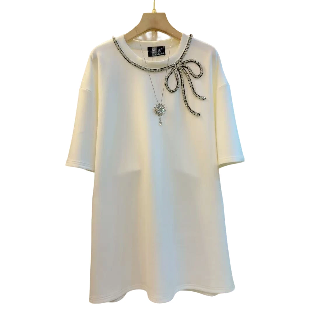 洋气百搭圆领重工亮钻蝴蝶结设计感宽松遮肉上衣