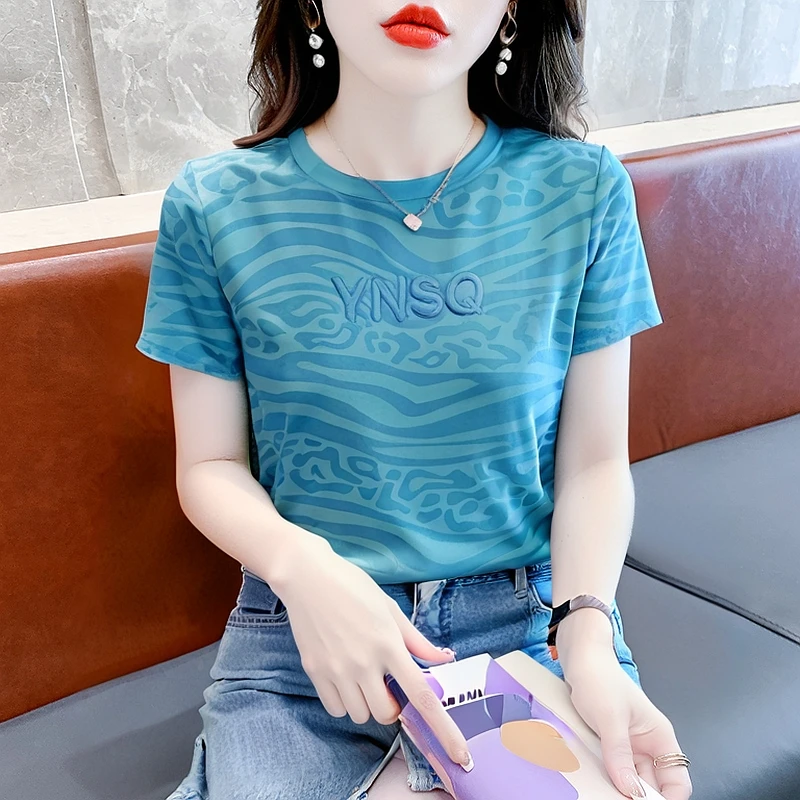 字母刺绣豹纹t恤女潮短袖2025夏季新款女装宽松洋气上衣百搭半袖