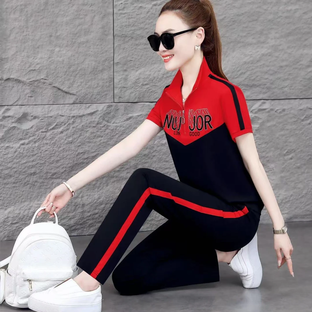 2025宇玲儿夏季运动套装女时尚大码立领短袖长裤休闲跑步服9125