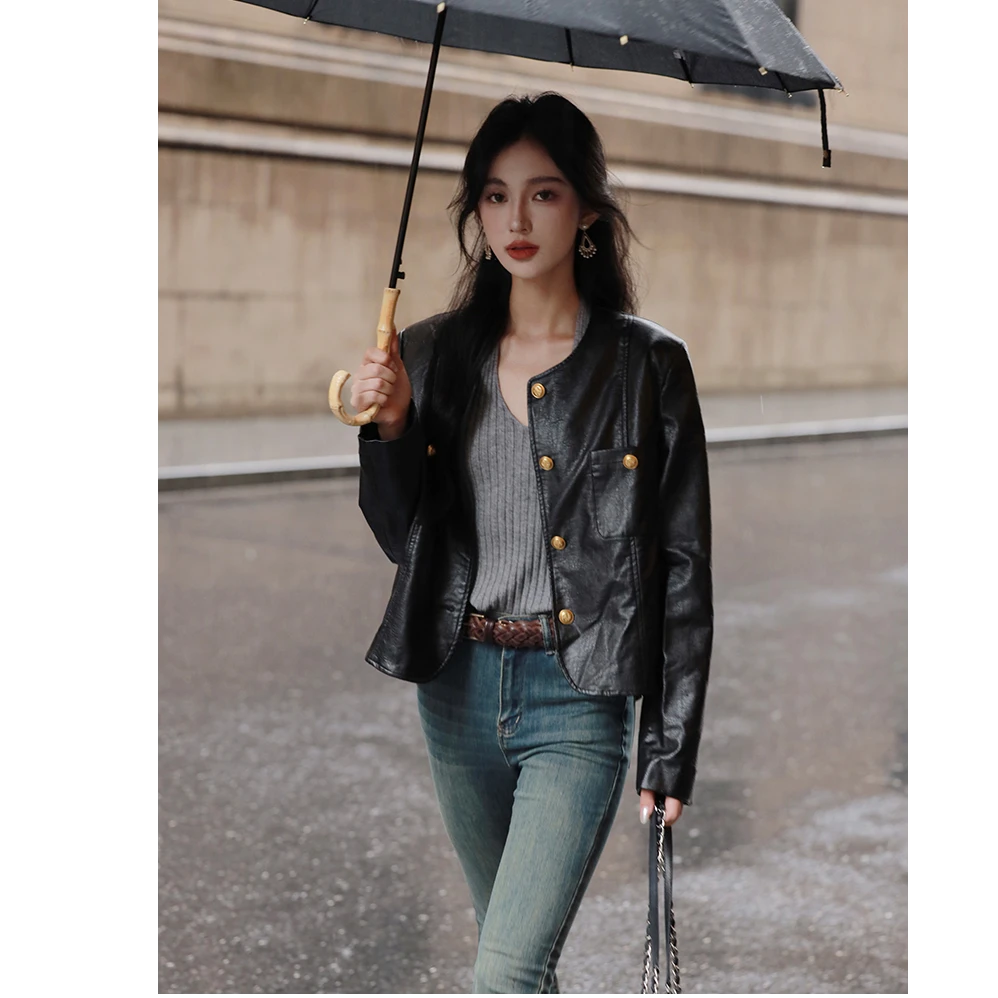 2025年秋季新款小个子高级感复古正肩黑色机车夹克短款皮衣外套女