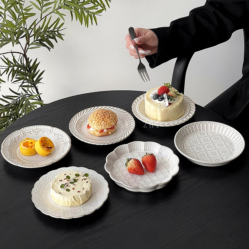 法式复古窑变陶瓷盘创意做旧浮雕甜品盘下午茶蛋糕盘西餐意面盘